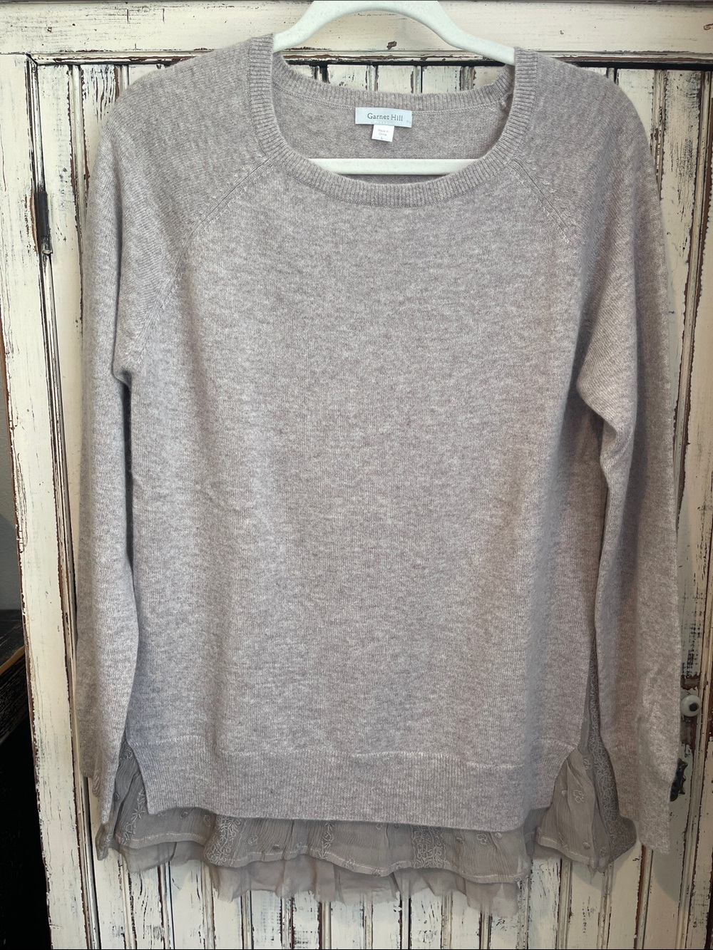 Garnet Hill Light Taupe Scoop Neck Cashmere Sweater with Layered Hem